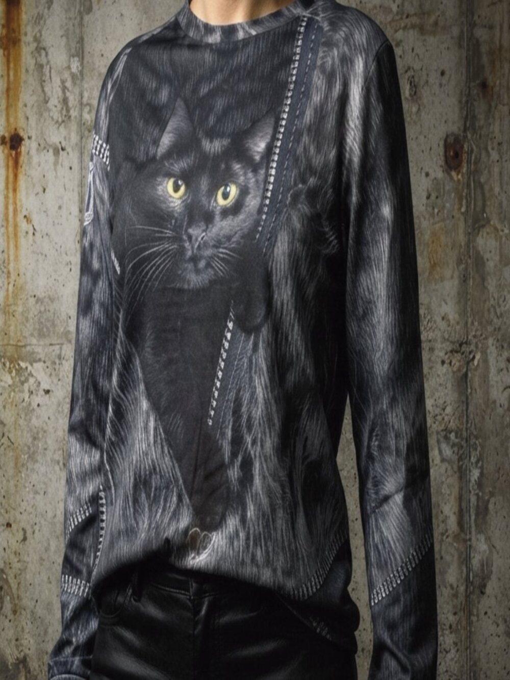 Long Sleeve Top | Illusion Black Cat & Faux Zipper Print - Picture 2 of 9